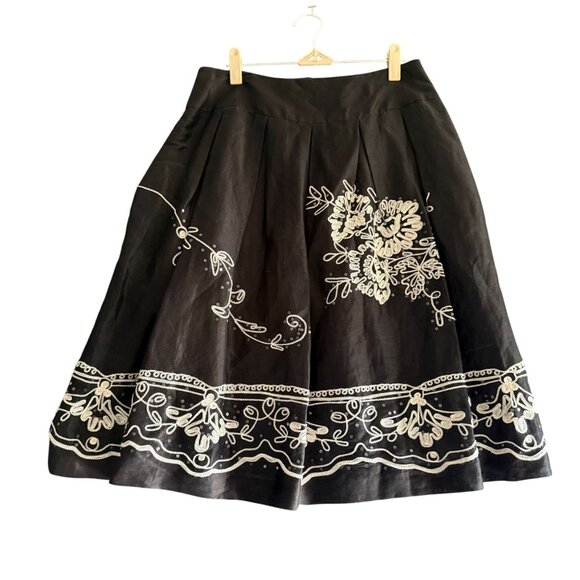 Talbots Linen Silk Floral Embroidered Sequins Pleated Skirt SZ 6 Black White - Picture 2 of 11